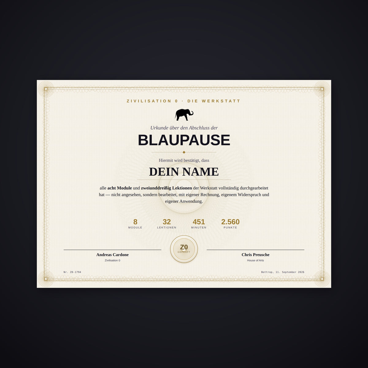 DAS ZERTIFIKAT — gedruckte Urkunde über den Abschluss der Blaupause, Musterbild mit Platzhalter „DEIN NAME“