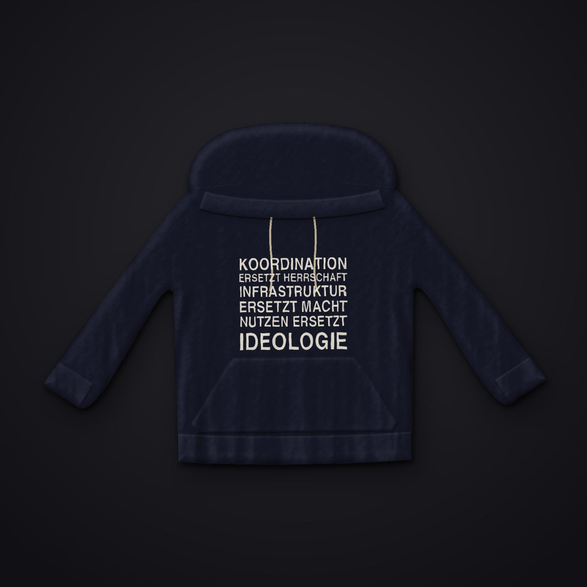 DIE DREI ERSETZUNGEN — dunkelblauer Hoodie der Kollektion Zivilisation 0, Vorderansicht