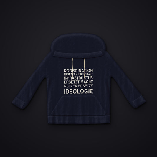 DIE DREI ERSETZUNGEN — dunkelblauer Hoodie der Kollektion Zivilisation 0, Vorderansicht