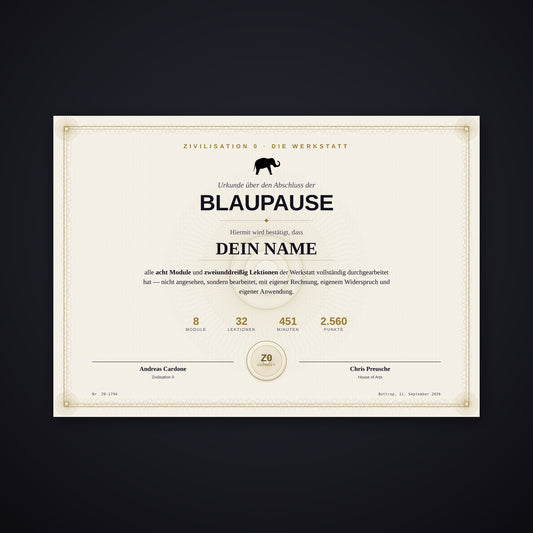 DAS ZERTIFIKAT — gedruckte Urkunde über den Abschluss der Blaupause, Musterbild mit Platzhalter „DEIN NAME“