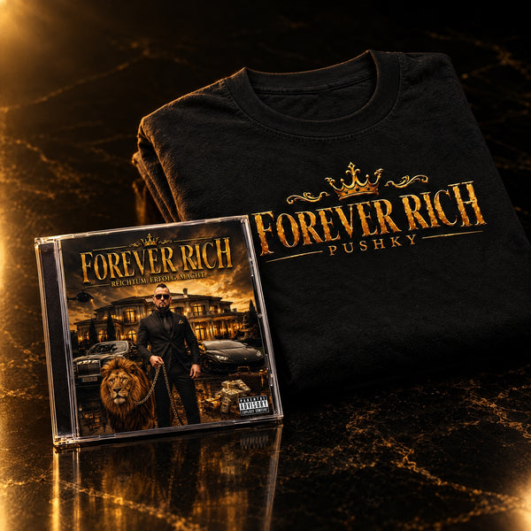 FOREVER RICH Bundle: CD und T-Shirt Gold von Pushky