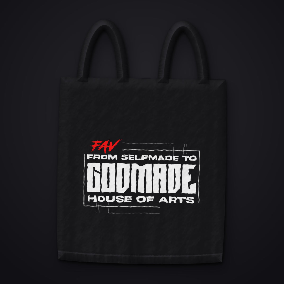 FROM SELFMADE TO GODMADE — Schriftzug auf schwarzem Stoffbeutel
