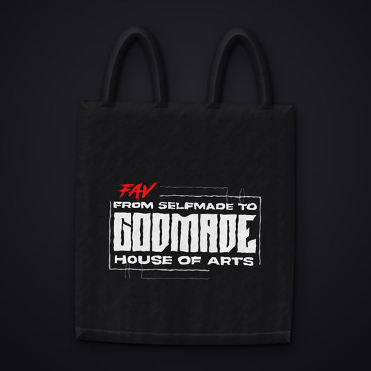 FROM SELFMADE TO GODMADE — Schriftzug auf schwarzem Stoffbeutel