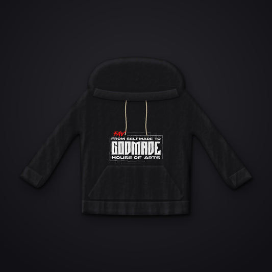 FROM SELFMADE TO GODMADE — Schriftzug auf schwarzem Hoodie