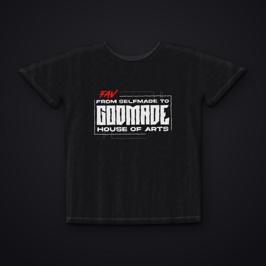 FROM SELFMADE TO GODMADE — Schriftzug auf schwarzem T-Shirt