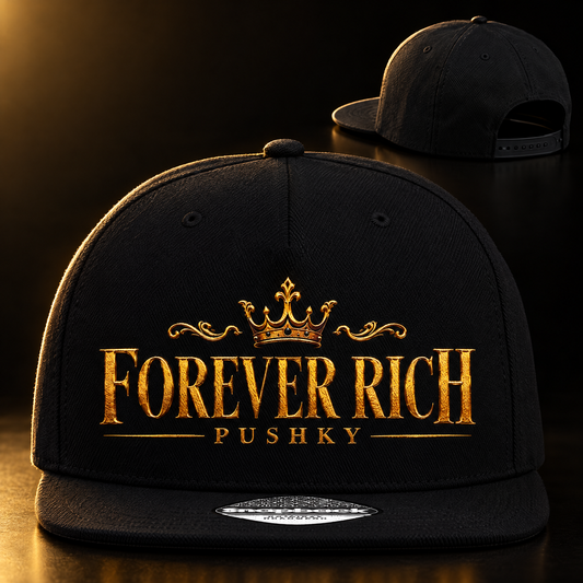 PUSHKY FOREVER RICH Snapback Cap in Schwarz mit Goldmotiv