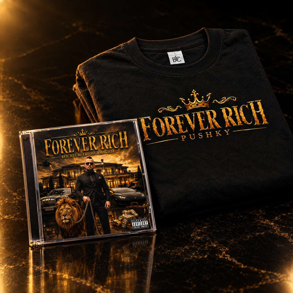 FOREVER RICH Bundle: CD und T-Shirt Schwarz-Gold