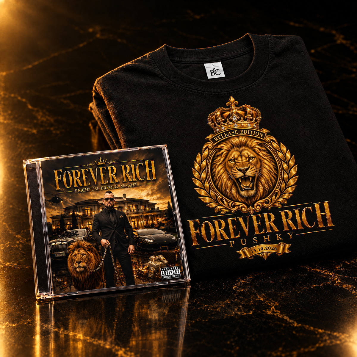 PUSHKY FOREVER RICH Release Edition: CD und exklusives schwarzes Shirt mit goldenem Löwenwappen