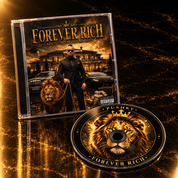 PUSHKY FOREVER RICH CD im Jewelcase mit der Löwen-Disc auf schwarz-goldenem Marmor