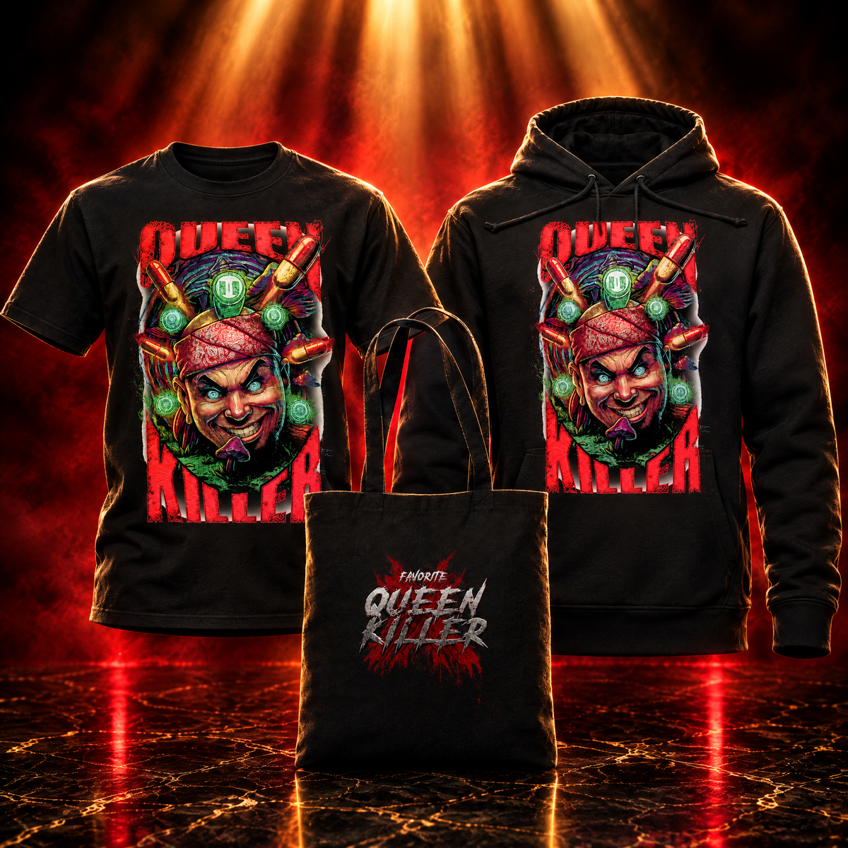 QUEENKILLER Komplette Kollektion – T-Shirt, Hoodie und Stoffbeutel