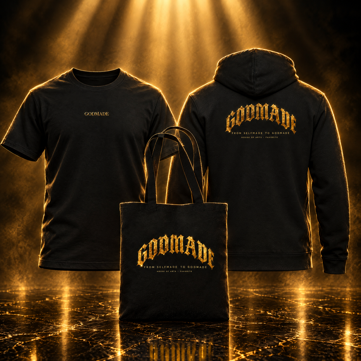 GODMADE Komplette Kollektion – T-Shirt, Hoodie und Stoffbeutel