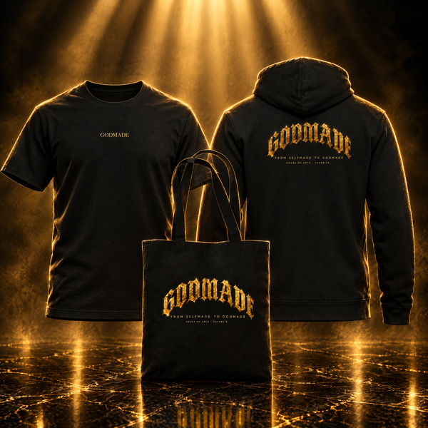 GODMADE Komplette Kollektion – T-Shirt, Hoodie und Stoffbeutel