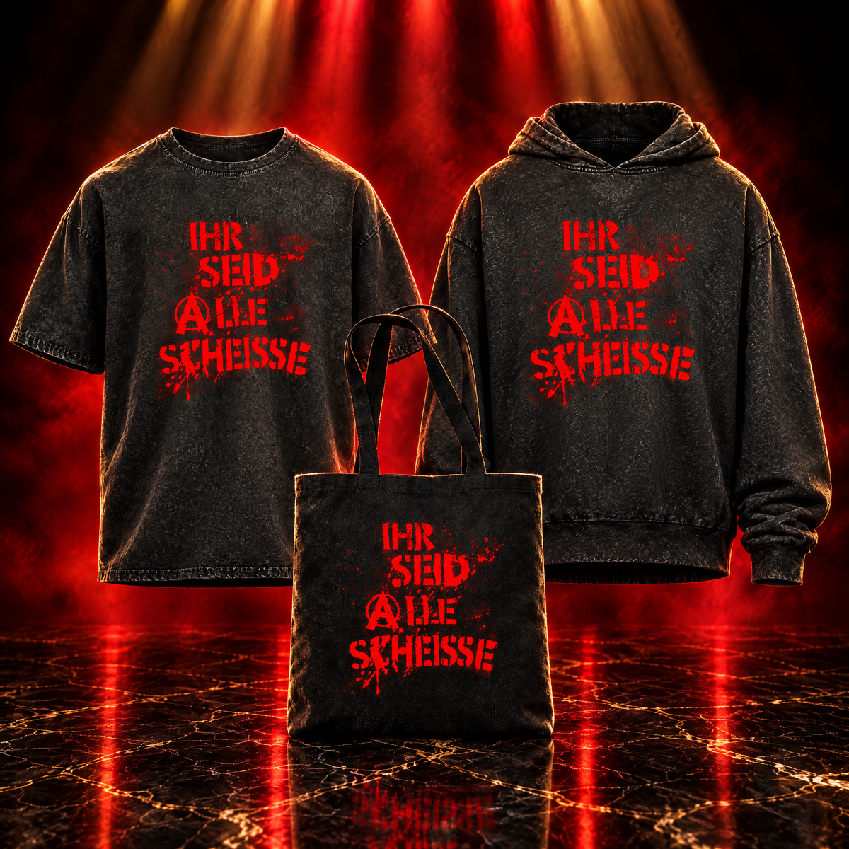 IHR SEID ALLE SCHEISSE Komplette Kollektion – Oversize T-Shirt, Hoodie und Stoffbeutel