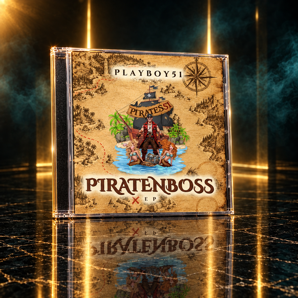 PIRATENBOSS EP CD von Playboy51 im Jewelcase, Schatzkarten-Cover, schwarzer Marmor mit goldenem Licht