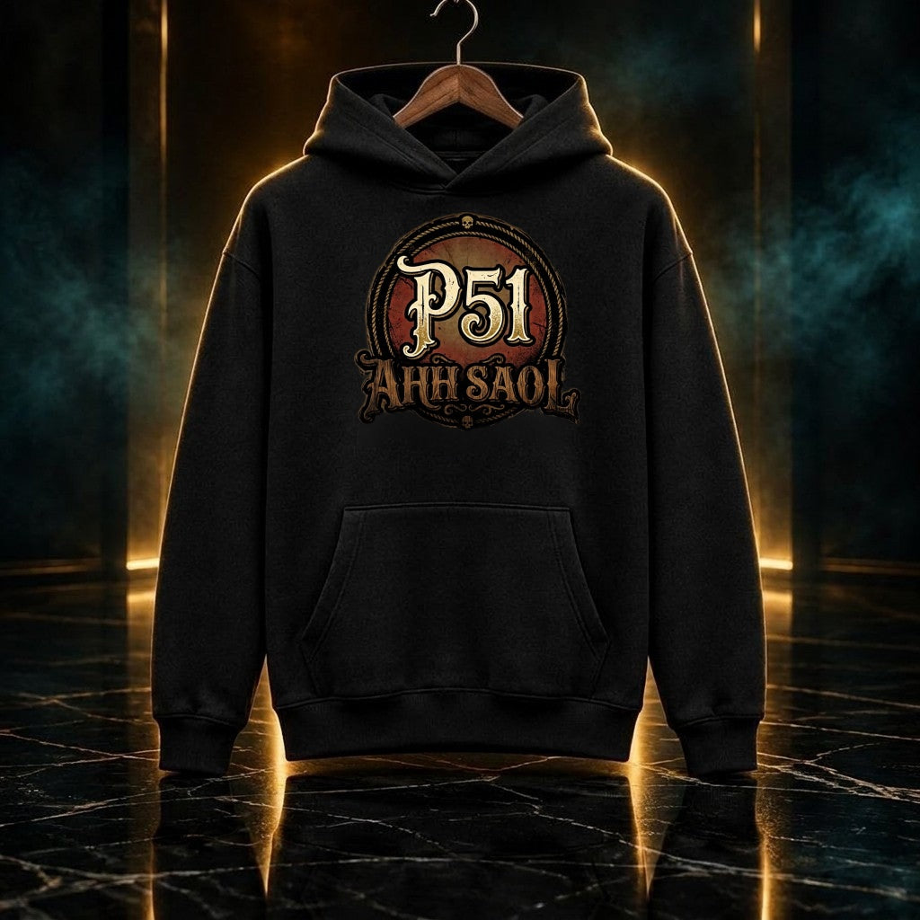 P51 AHH SAOL Hoodie schwarz, Vorderseite, Motiv in Druckgröße