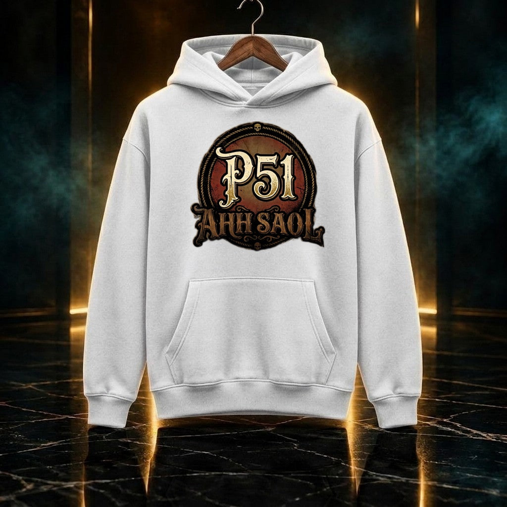 P51 AHH SAOL Hoodie weiß, Vorderseite, Motiv in Druckgröße