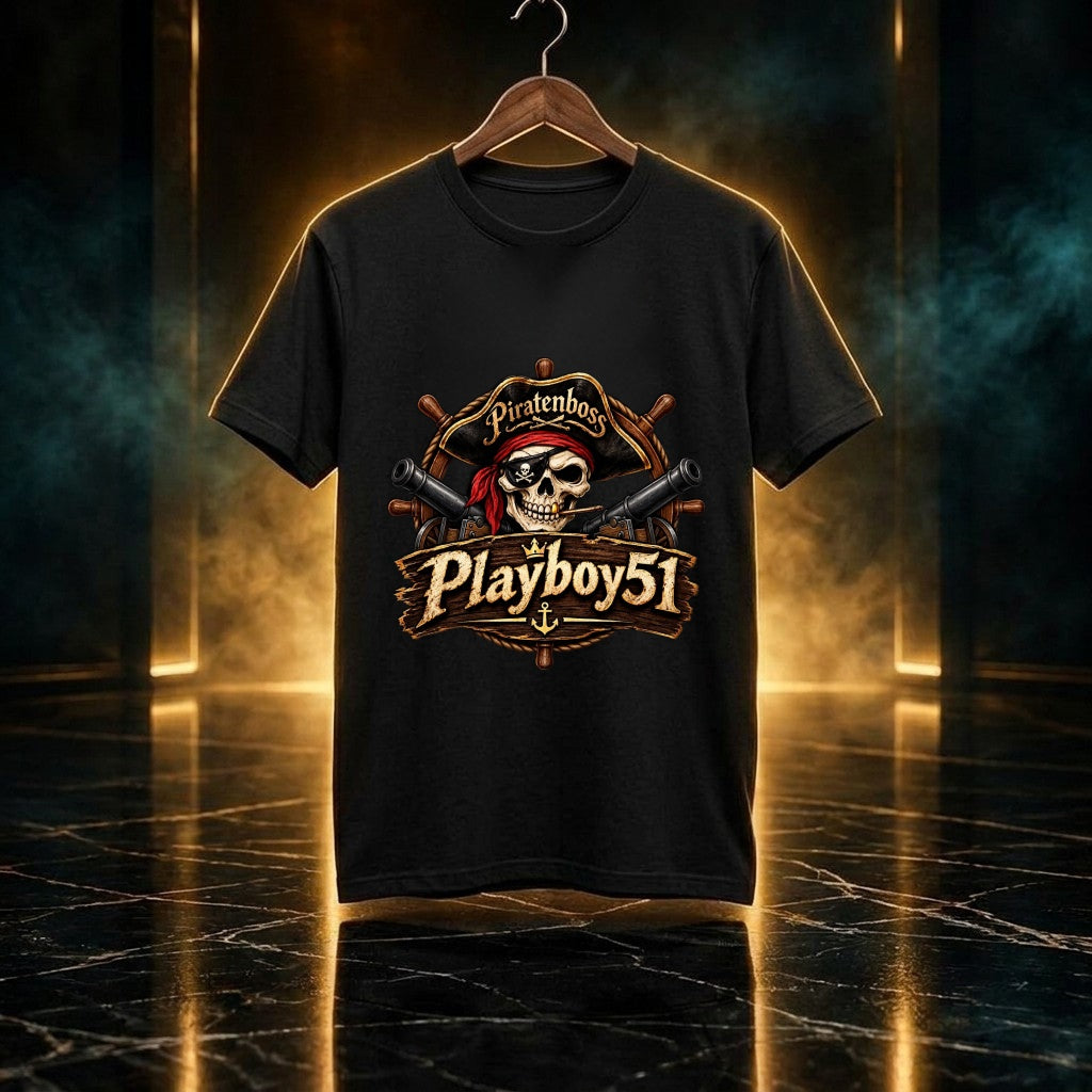 PIRATENBOSS T-Shirt schwarz, Vorderseite, Motiv in Druckgröße